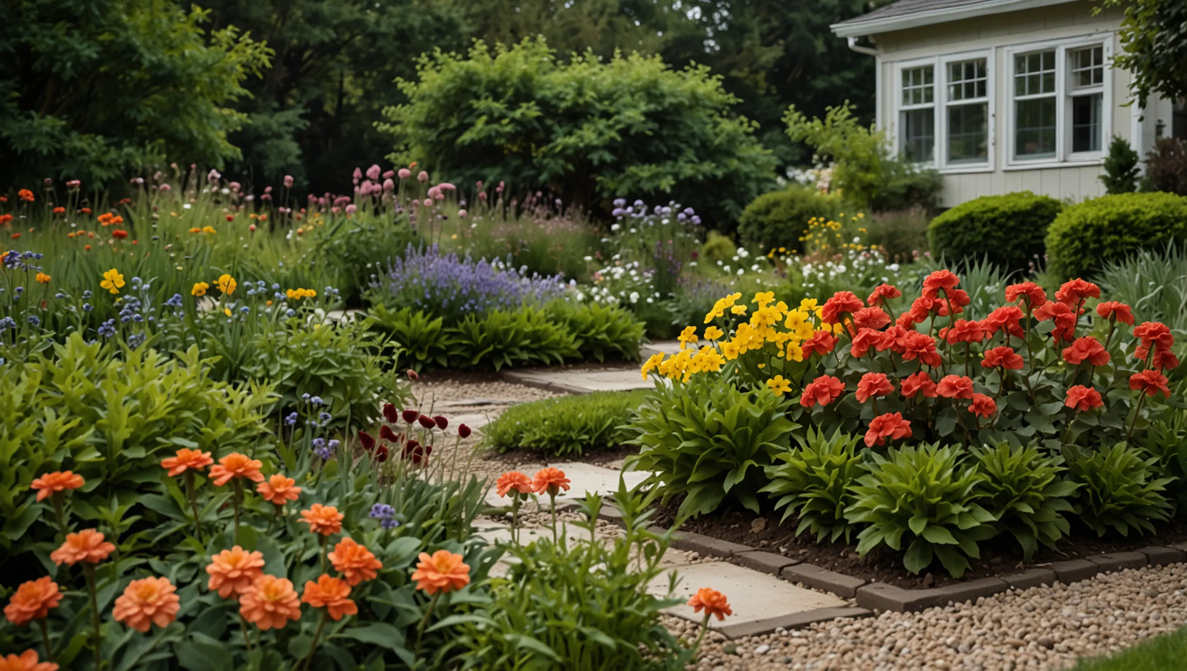 Vårträdgård med spirande lökar och blommor