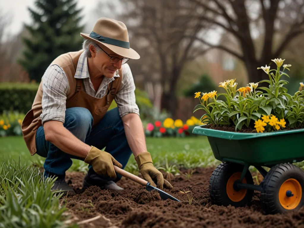 Vårträdgård med spirande blommor