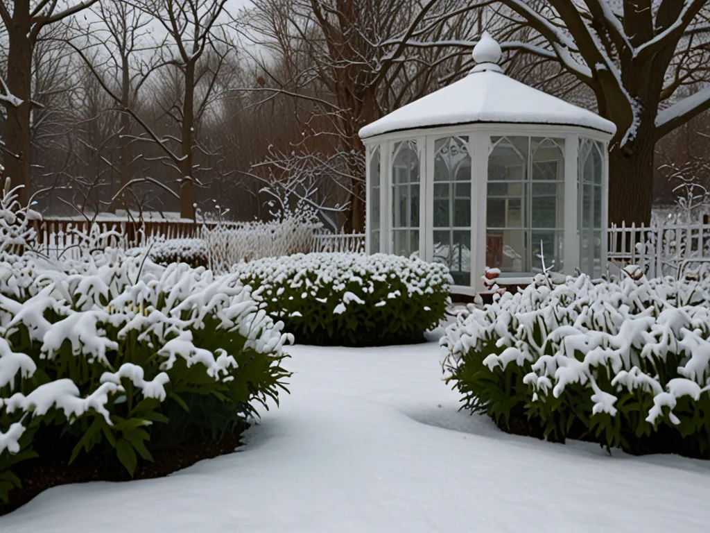 Vinterträdgård med snötäcke