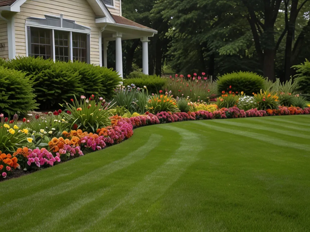 Välklippt gräsmatta med sommarrabatter